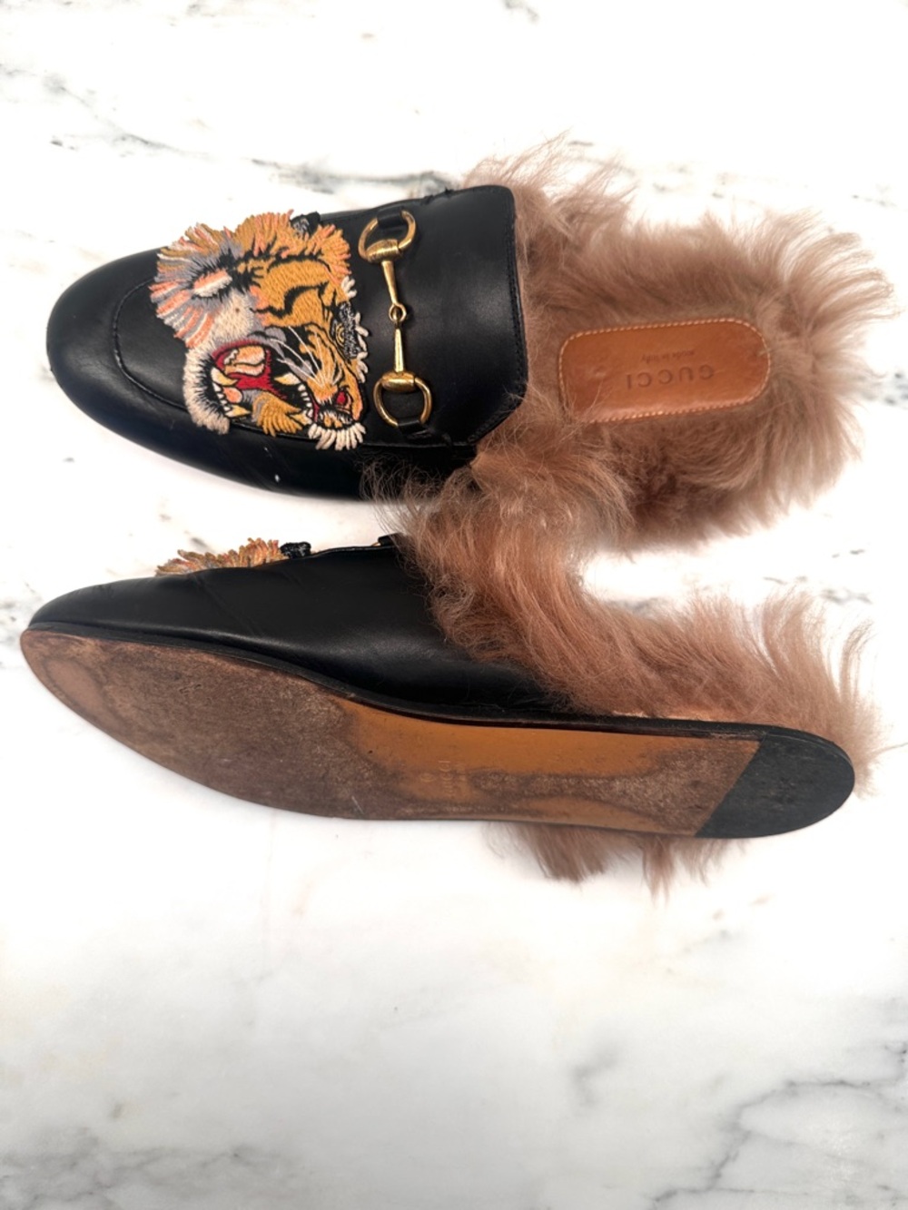 Gucci Black Leather Princetown Tiger Embroidered Fur Lined Loafers - Picture 3 of 4